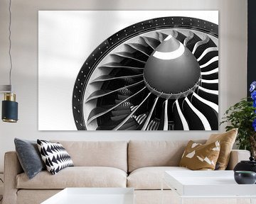 GE 90 motor van een Boeing 777-200LR in zwart wit