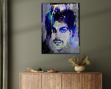 Portrait abstrait de Prince en bleu, violet, jaune, gris sur Art By Dominic