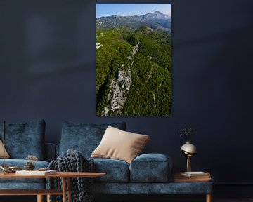 Bergklippe inmitten des Waldes. über ihn fliegen. Landschaft darunter (Luftbild aus einem Gleitschir von Michael Semenov