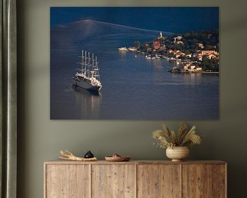 Sailing cruise ship with masts and a little girl with red roofs. A beautiful cruise ship in the blue by Michael Semenov