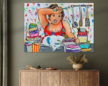 Chubby Lady Doing the Dishes by Vrolijk Schilderij