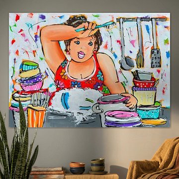 Dikke Dame aan de Afwas van Vrolijk Schilderij