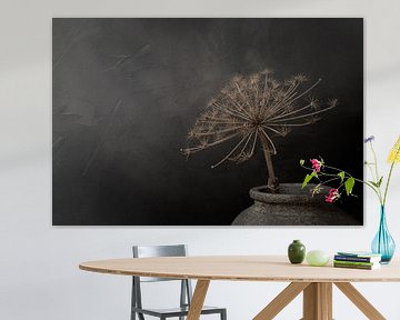 Still life with large dried hogweed in grey stone jar by Mayra Fotografie