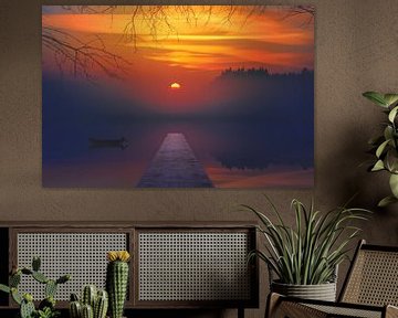 Zonsondergang met steiger met: water, zon, natuur, bootje in een meer