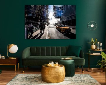street in New York with steam and sunlight