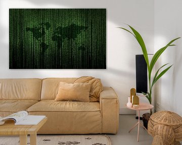 Matrixcode auf einem Bildschirm mit der Erde im Hintergrund von Atelier Liesjes
