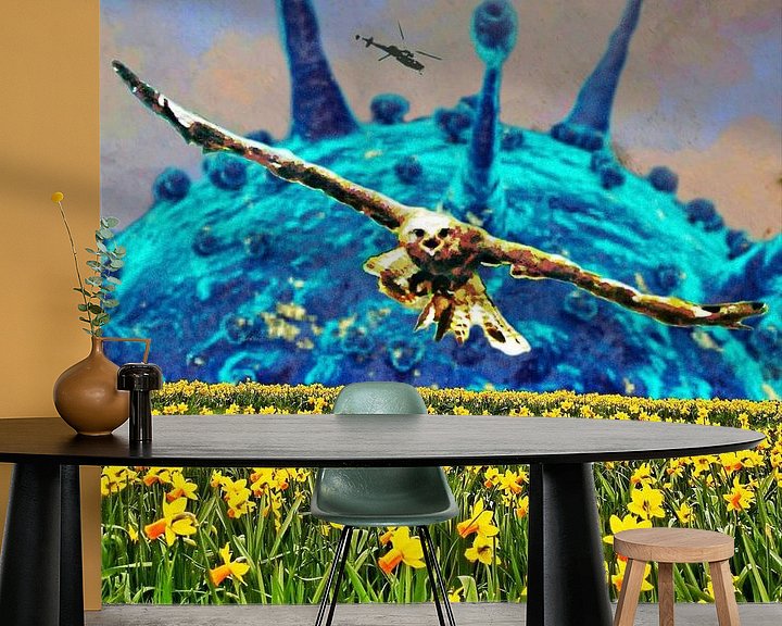Sfeerimpressie behang: Corona spring time (virus en een buizerd boven een veld narcissen) van Ruben van Gogh