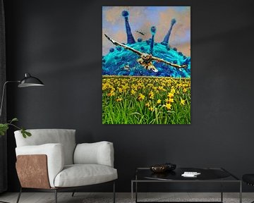 Corona spring time (virus en een buizerd boven een veld narcissen) van Ruben van Gogh - smartphoneart