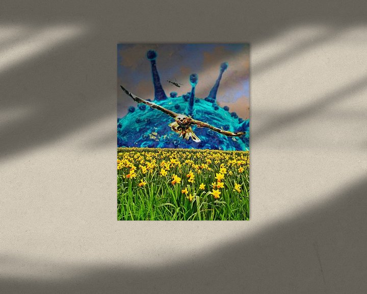 Sfeerimpressie: Corona spring time (virus en een buizerd boven een veld narcissen) van Ruben van Gogh