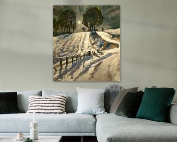 South Limburg field with snow at full moon by Nop Briex