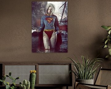Blondes Supergirl-Kosplay-Modell in dramatischer Umgebung von Atelier Liesjes
