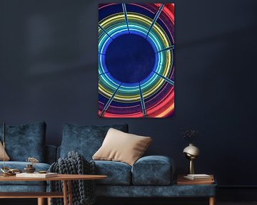 circles of light in the colours blue yellow green and red