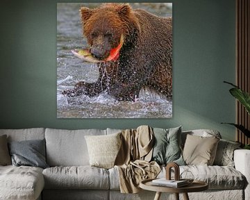 Wild brown bear with salmon by Ruth de Ruwe