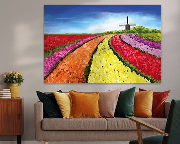 Landscape painting with tulip fields and windmill by Tanja Udelhofen