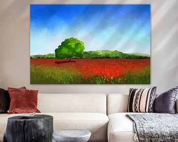Schilderij van een grasland met rode klaprozen van Tanja Udelhofen