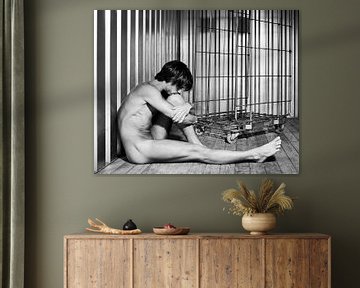 Very sexy naked man in a old dirty industrial container. Photograph in black and white with hard con van Photostudioholland