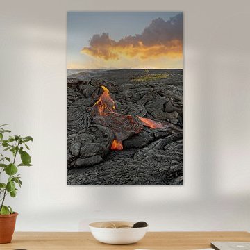 Zone volcanique avec une coulée de lave rougeoyante sur Hawaii