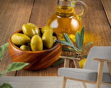Groene olijven met olijftak en olijfolie van Photo Art Thomas Klee
