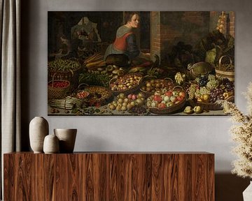 Stilleven met groenten en fruit, met Christus op de Emmaüsgangers op de achtergrond, Floris van Scho
