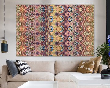 abstracte kleurrijke geometrische achtergrond met artistieke elementen als penseelstreek en acryltex van Ariadna de Raadt-Goldberg