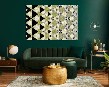 abstracte kleurrijke geometrische achtergrond met artistieke elementen als penseelstreek en acryltex van Ariadna de Raadt-Goldberg