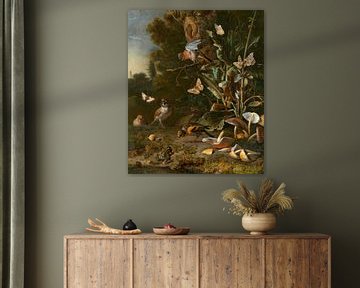 Vogels, vlinders en een kikker onder planten en schimmels, Melchior d'Hondecoeter