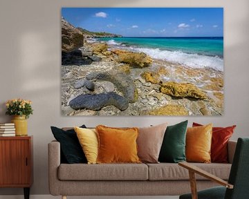 Landscape with rocks and boulders on the coast of Bonaire by Ben Schonewille