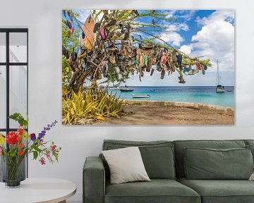 Tree decorated with slippers in landscape on boulevard in Kralendijk on Bonaire by Ben Schonewille