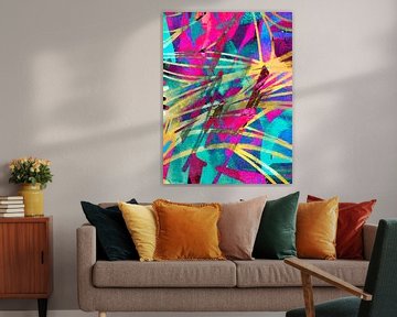 Modernes, abstraktes digitales Kunstwerk in Pink, Gelb, Blau von Art By Dominic