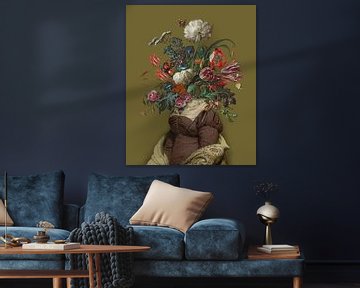Portrait of a woman with a bouquet of flowers (ochre)