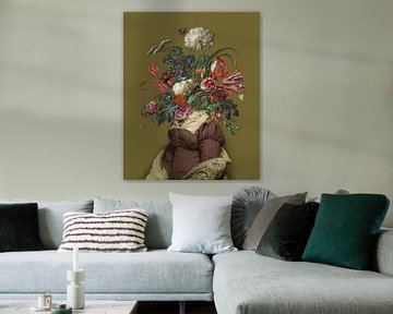 Porträt einer Frau mit einem Blumenstrauß (ockerfarben)