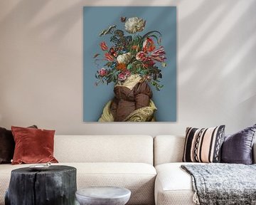 Portret van een vrouw met een boeket bloemen (blauwgrijs) van toon joosen