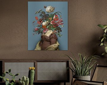Portret van een vrouw met een boeket bloemen (blauwgrijs) van toon joosen