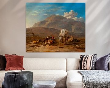 Italiaans landschap met een jonge herder, spelend met zijn hond, Karel Dujardin