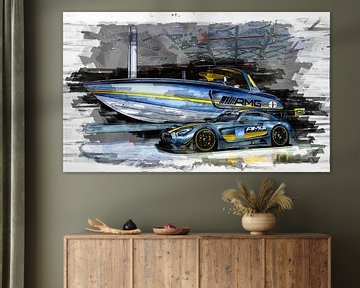 Mercedes AMG speedboat and sports car painting watercolour