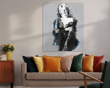 Pinup Marilyn Monroe dans une robe sexy bleue, manipulée numériquement sur Atelier Liesjes