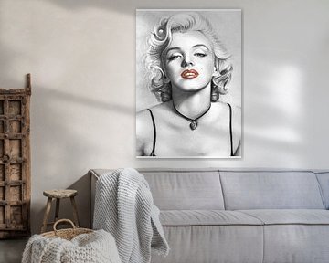 Pinup Marilyn Monroe en noir et blanc avec des lèvres rouge vif sur Atelier Liesjes