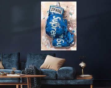 Supreme x Everlast bokshandschoenen 'blauw' schilderij van Jos Hoppenbrouwers