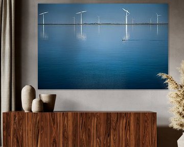 Niederländische Windmühlen am blauen Wasser Fotodruck