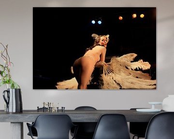 Burlesque : une femme sexy aux seins nus comme une pinup à plumes sur Atelier Liesjes