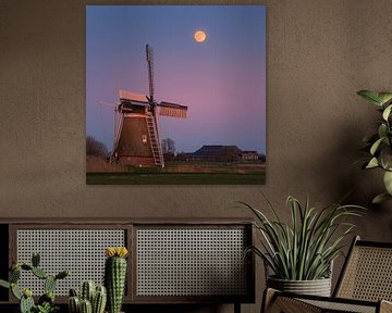 Sunset and full moon at Hoeksmeer, Garrelsweer, Groningen, Netherlands by Henk Meijer Photography