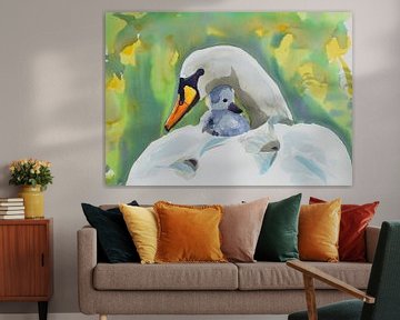 Swan with chick by Jessica van Schijndel