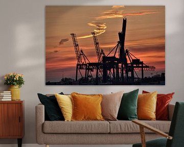 waalhaven sunset 010 rotterdam cranes by Marco van de Meeberg