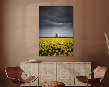 Nuages, moulin à vent et tulipes sur Frank Verburg