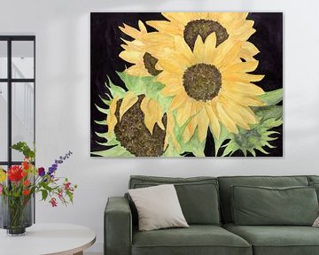 Die Sonnenblumen (Aquarellmalerei Wald Blumen und Pflanzen Natur gelb schwarz grün Garten Frankreich von Natalie Bruns