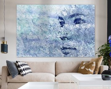 In de verte (blauw aquarel schilderij portret gezicht vrouw close up ogen vlekken industrieel)