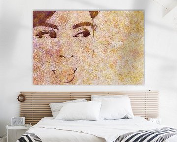 Flirten (geel aquarel schilderij portret gezicht vrouw close up ogen sexy ondeugend slaapkamer) van Natalie Bruns