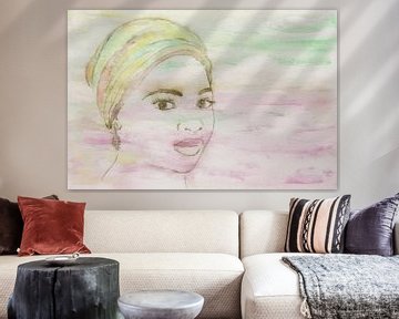 Dame met kleurrijke hoofddoek (aquarel schilderij portret Moslim vrouw Marokko ogen industrieel roze