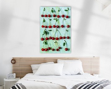 Bunches of cherries on tuquoise background by BeeldigBeeld Food & Lifestyle