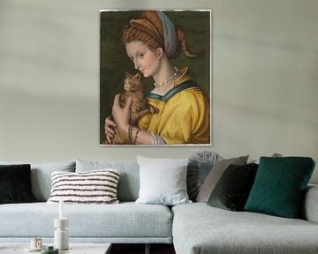 Portret van een jonge dame die een kat vasthoudt, Bachiacca
